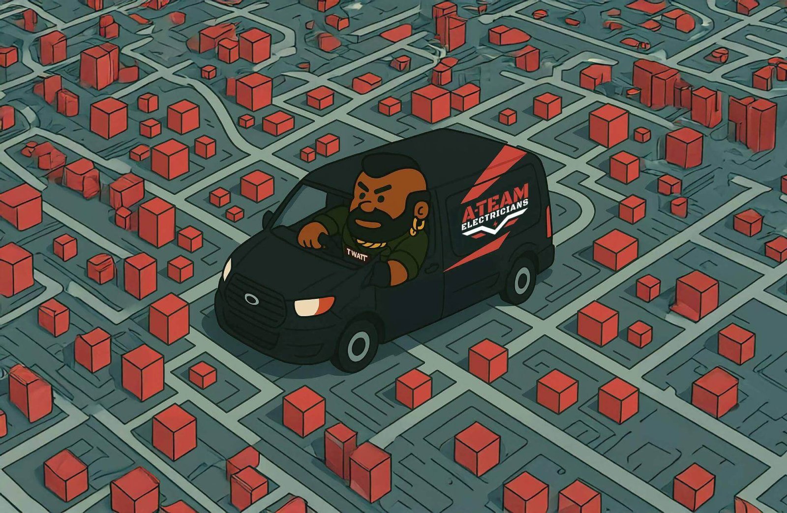 T-Watt driving a huge van over a map with building makers.