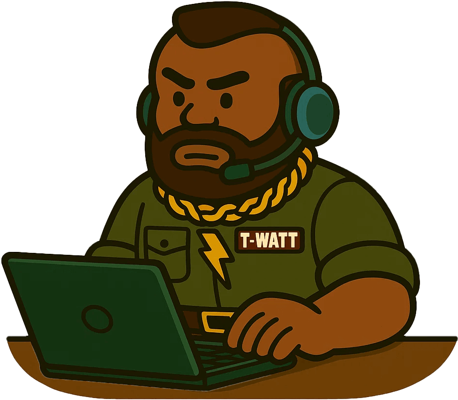 A-Team's mascot, "T-Watt", sitting at computer