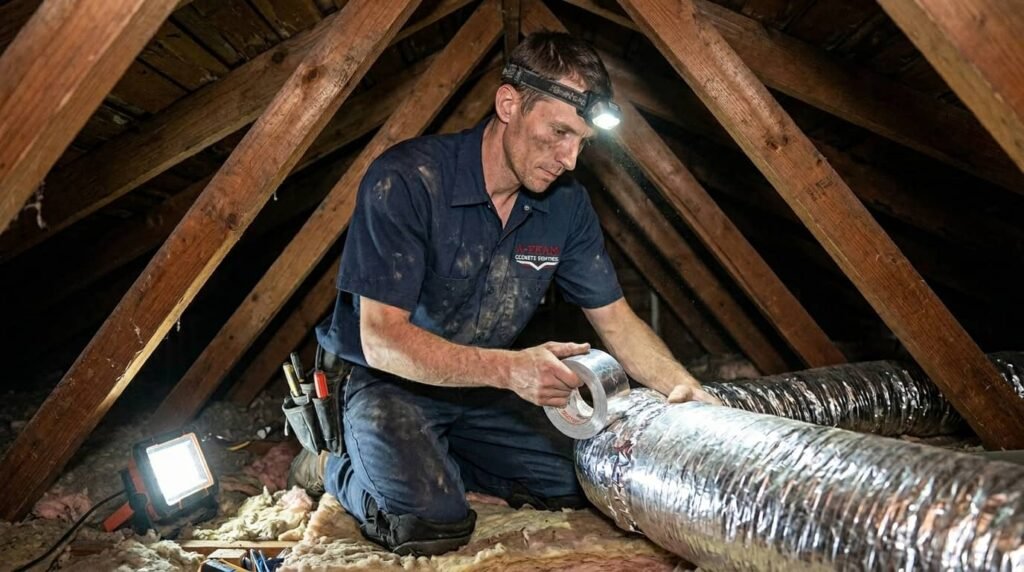 Male A-Team technician wearing a headlamp connecting flexible ductwork in a dark residential attic with a portable work light