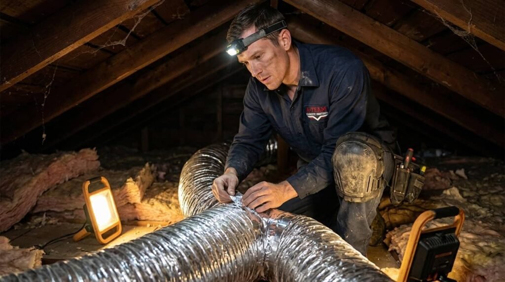 A-Team Climate Control technician with a headlamp kneeling in an attic to connect flexible HVAC duct with a portable work light beside him