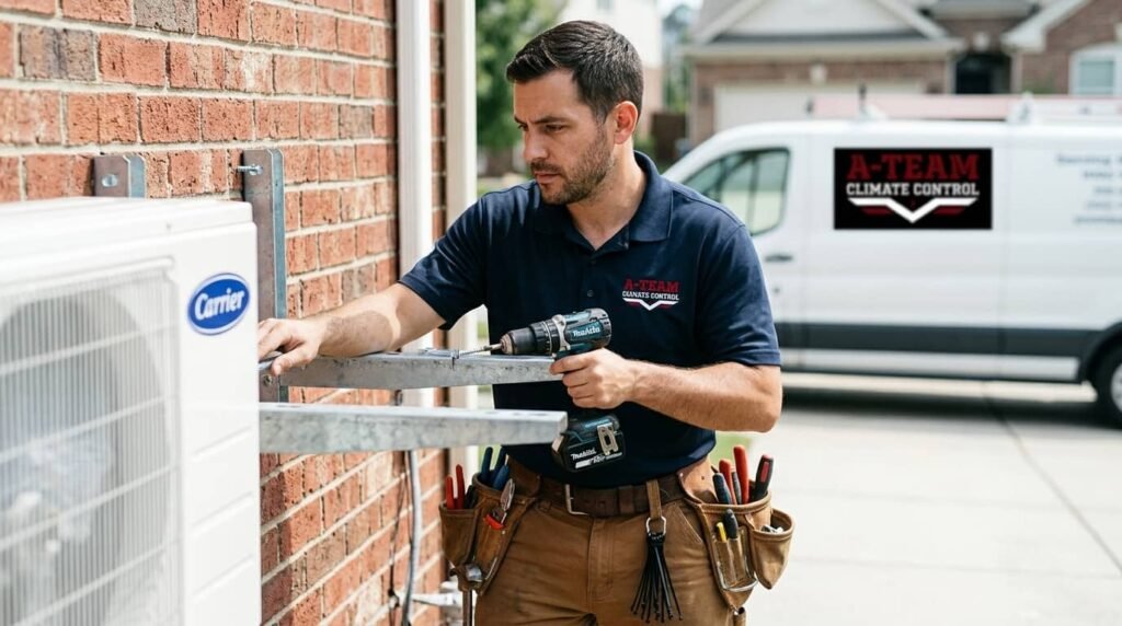 A-Team Climate Control technician drilling into a brick wall to install a ductless mini-split unit with the company van visible in the background