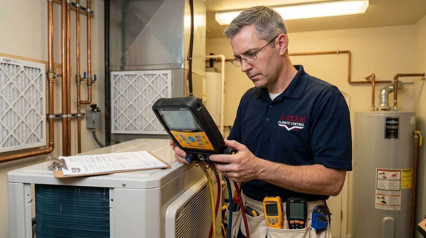 A-Team Climate Control technician reviewing readings on a digital manifold gauge during an HVAC system inspection