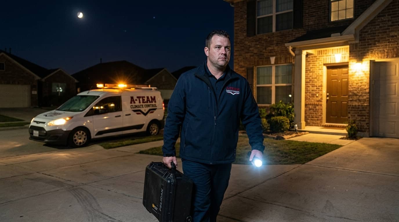 A-Team Climate Control technician arriving at a residential home at night with a tool case and flashlight, service van parked in the driveway