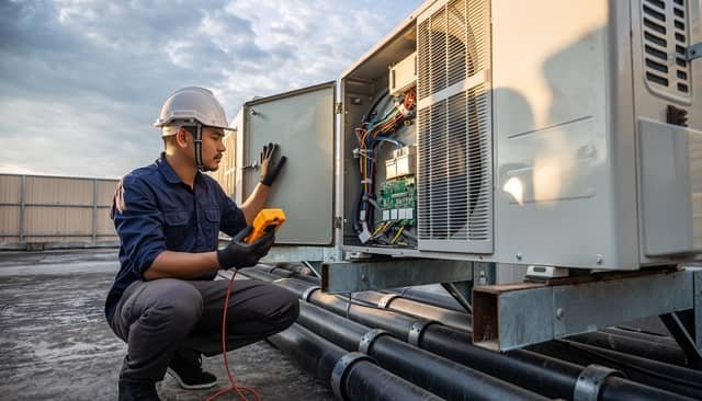 A technician in a navy blue uniform and white hard hat crouches beside a commercial rooftop air conditioning unit, using a multimeter to test electrical components inside an open access panel.