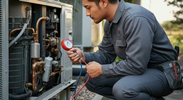 A technician in a gray uniform kneeling beside an outdoor air conditioning unit, holding a red pressure gauge with blue and red hoses connected to the system.