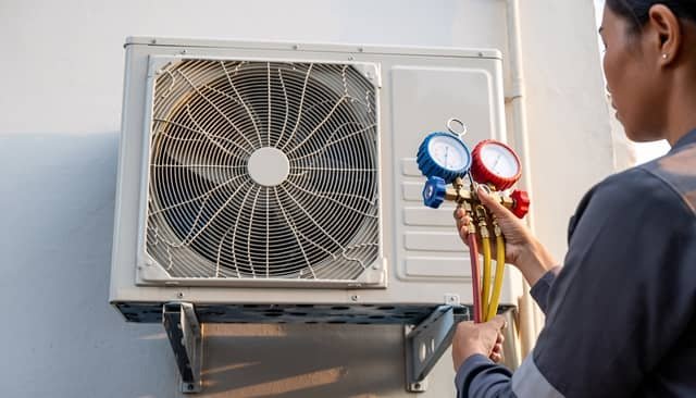 A technician in a dark uniform holds refrigerant pressure gauges with red and blue dials while inspecting a wall-mounted air conditioning condenser unit.