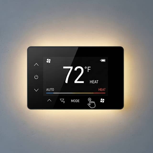 A modern digital smart thermostat mounted on a gray wall displaying 72 degrees Fahrenheit in heat mode, with touch controls and a warm backlit glow.