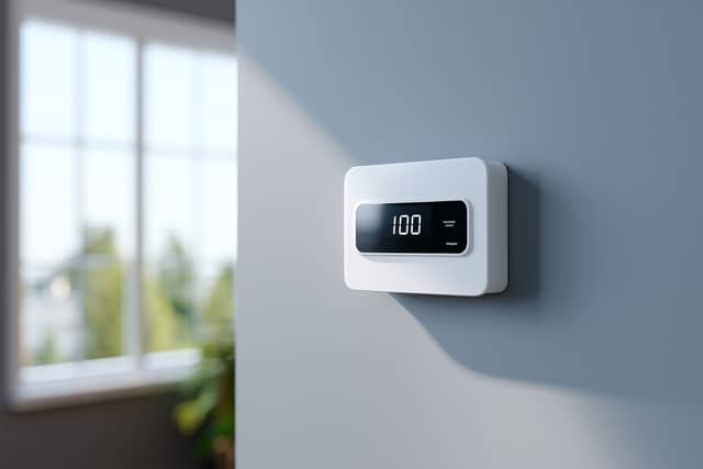 A modern white smart thermostat mounted on a gray wall, displaying 100 degrees on its digital screen, with a window visible in the background.