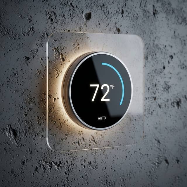 A round smart thermostat mounted on a textured concrete wall, displaying 72 degrees Fahrenheit with a blue arc indicator and set to auto mode.