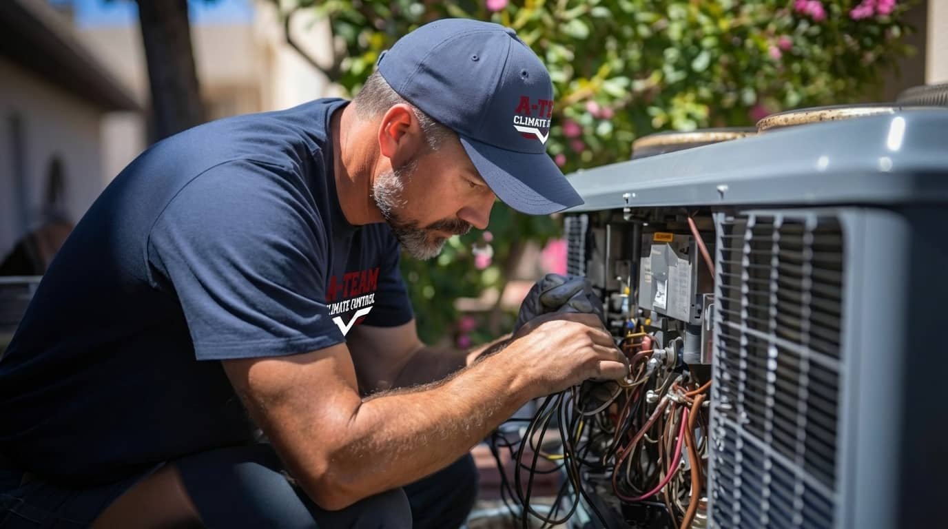 A technician in a navy blue uniform and cap works on the internal wiring and components of an outdoor AC condenser unit.
