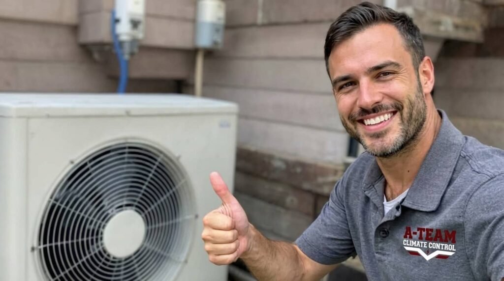 A smiling HVAC technician in a gray uniform polo gives a thumbs up while kneeling next to an outdoor air conditioning condenser unit.