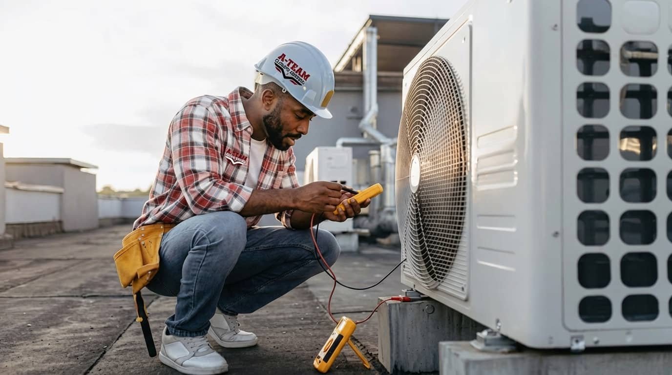 A technician wearing a hard hat and plaid shirt crouches on a rooftop while using a multimeter to test a commercial air conditioning unit.