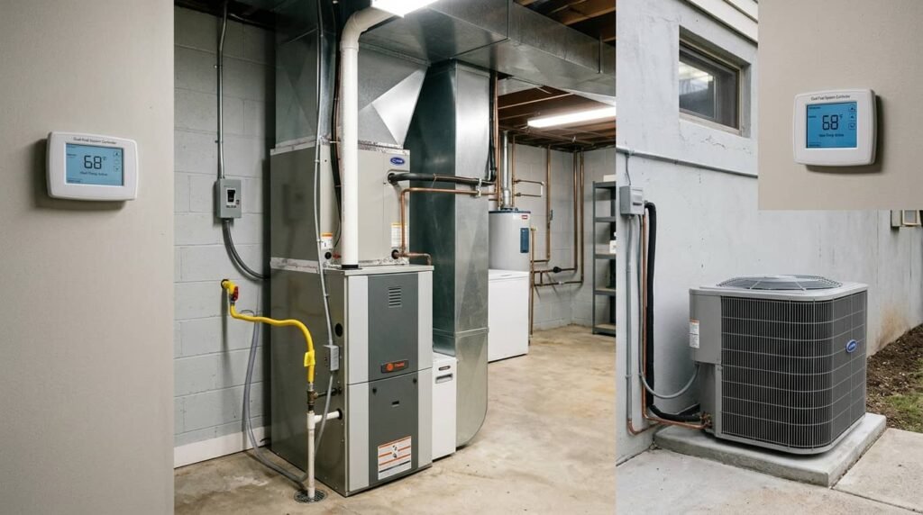 A basement utility room showing a gas furnace connected to ductwork, a water heater, and an outdoor heat pump unit with digital thermostats displaying 68 degrees.