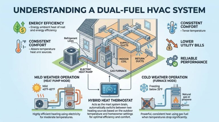 An educational infographic showing a cutaway view of a house with a dual-fuel HVAC system, including an electric heat pump, gas furnace, ductwork, and a hybrid thermostat that switches between heating modes based on outdoor temperature.